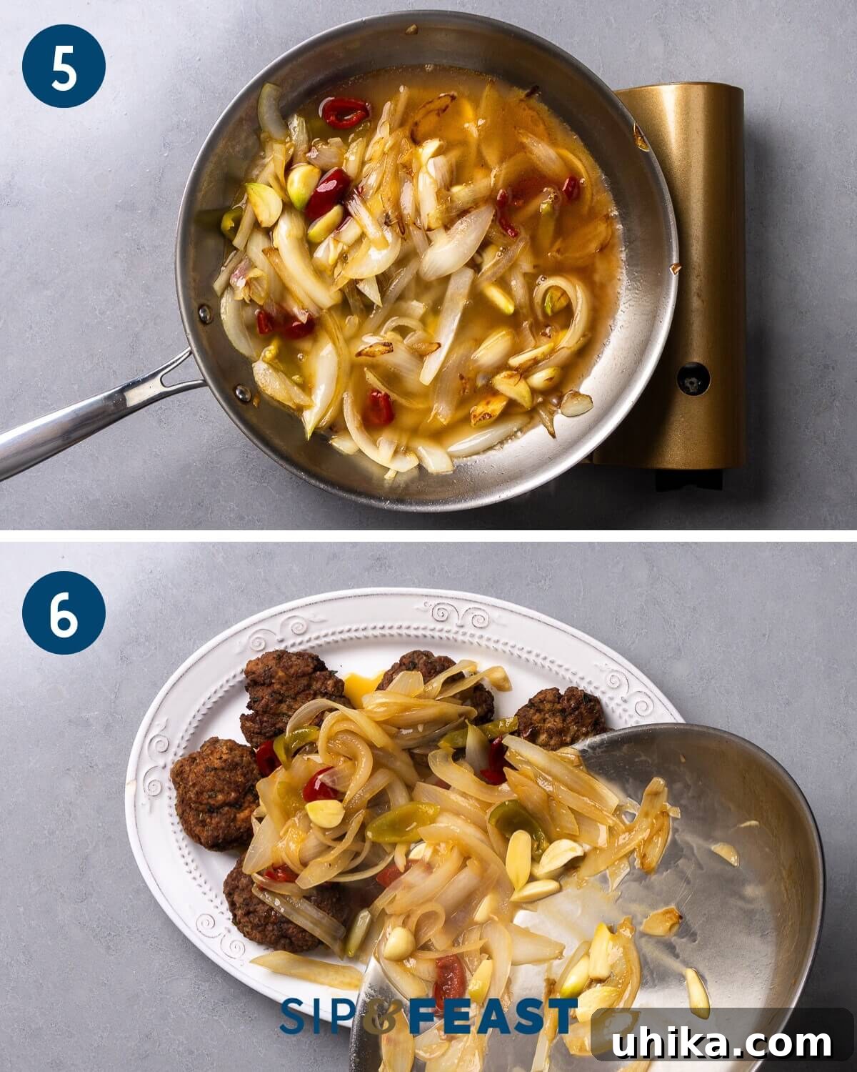 Perfect Pan Fried Meatballs 7 Recipe collage three swowing making the cherry pepper sauce and pouring it over the platter of fried meatballs.