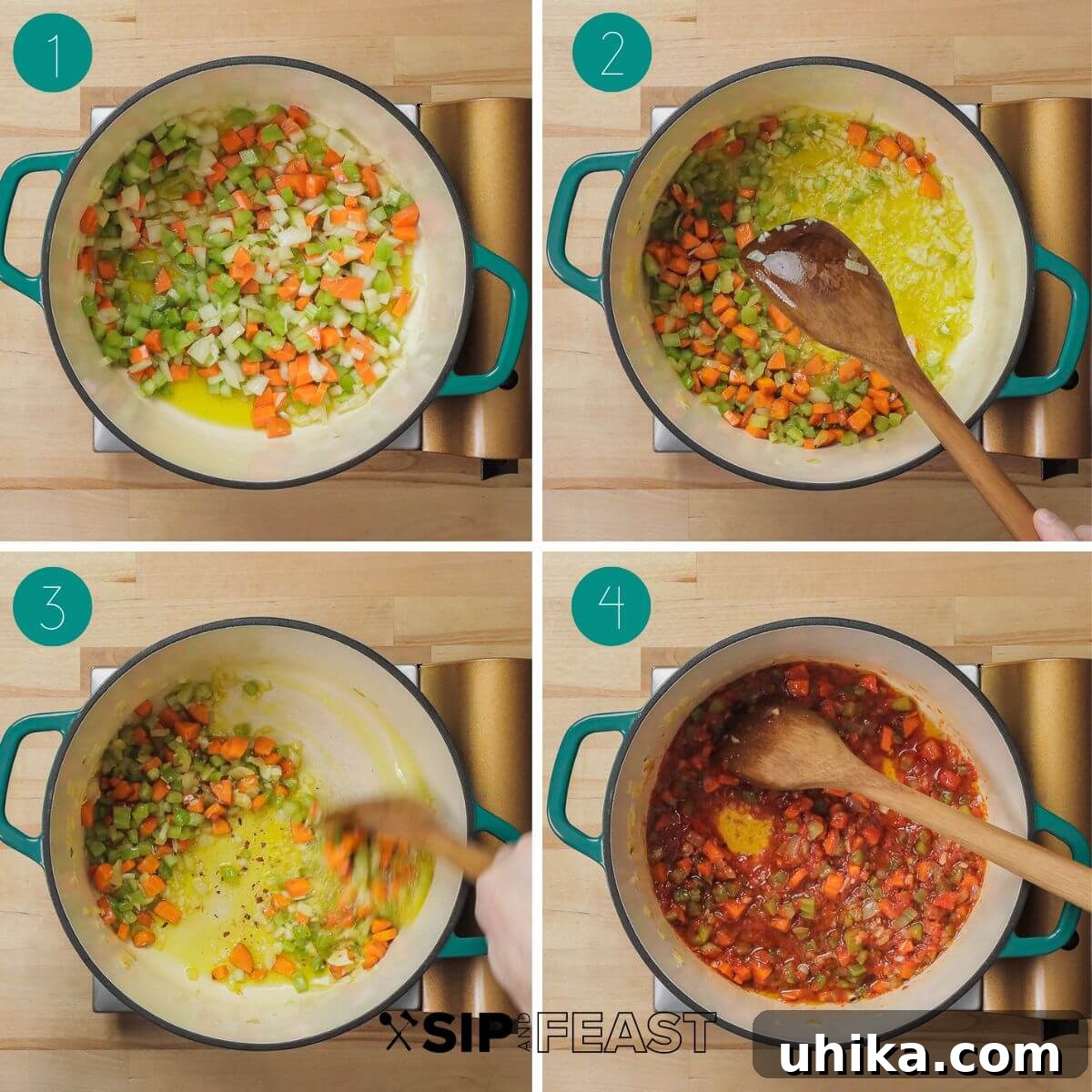 Hearty Pasta and Chickpeas 5 Recipe process shot collage group number one, showing vegetables cooking and spices being added.