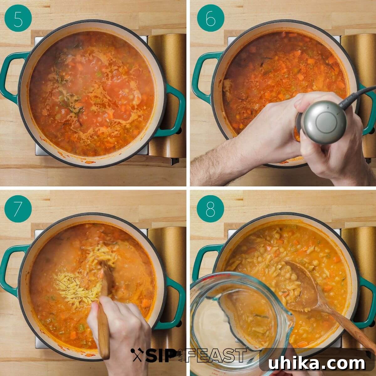 Hearty Pasta and Chickpeas 6 Recipe process shot collage group number two, showing chickpeas, tomatoes, and pasta being added and cooked.