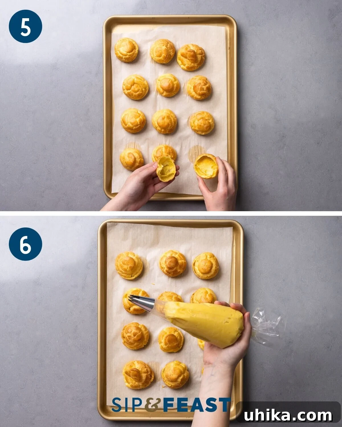 Golden Choux Perfection 11 Recipe collage three showing the cut open cream puff shells and a piping bag filled with pastry cream, ready to fill the shells.