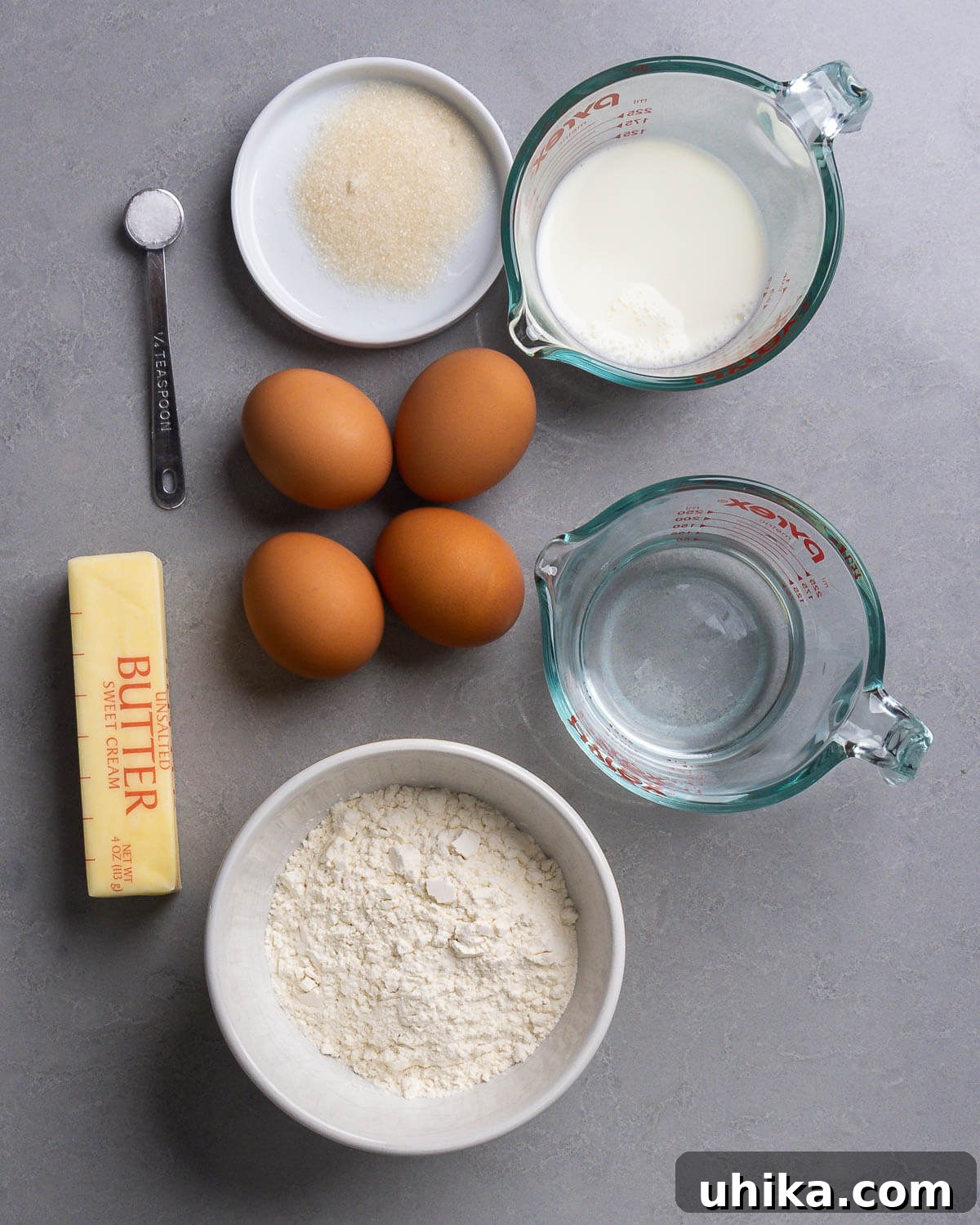 Golden Choux Perfection 4 Ingredients for choux pastry including salt, sugar, milk, eggs, water, butter, and flour.