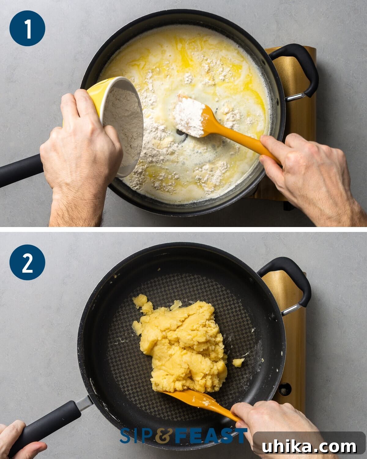Golden Choux Perfection 6 Choux pastry process collage group one showing mixing flour into milk and butter and mixing dough in the pan until it forms a ball.