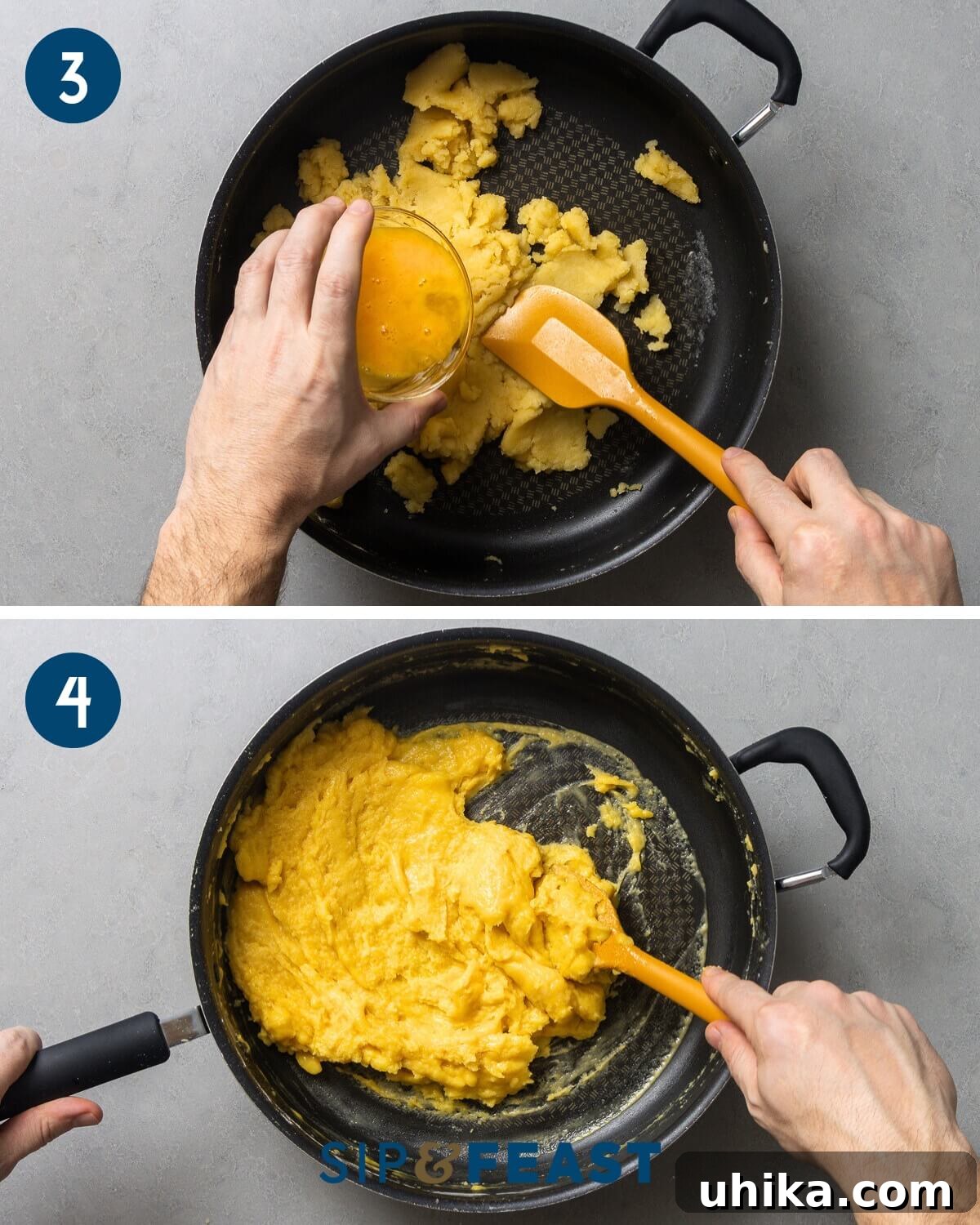 Golden Choux Perfection 7 Recipe collage two showing mixing the eggs into the dough, illustrating the transformation of the choux dough.
