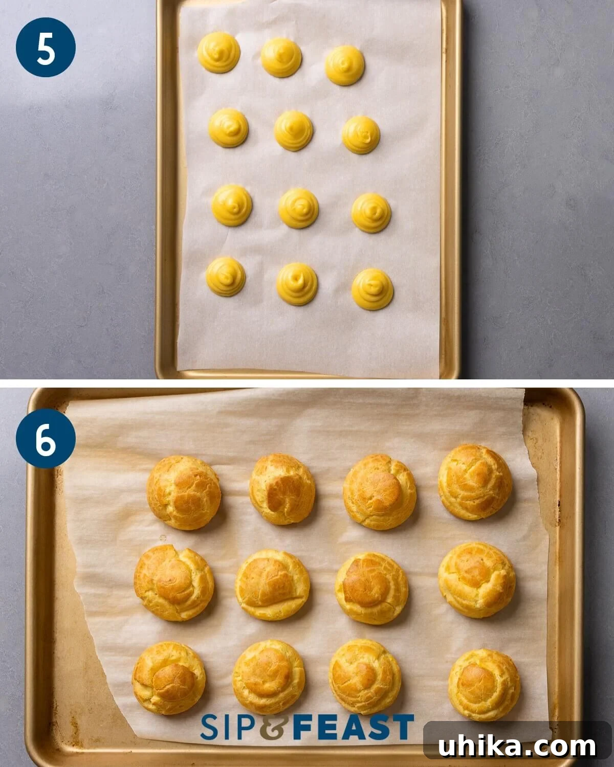 Golden Choux Perfection 8 Recipe collage three showing the piped choux dough on baking sheets and the beautifully baked cream puff shells.
