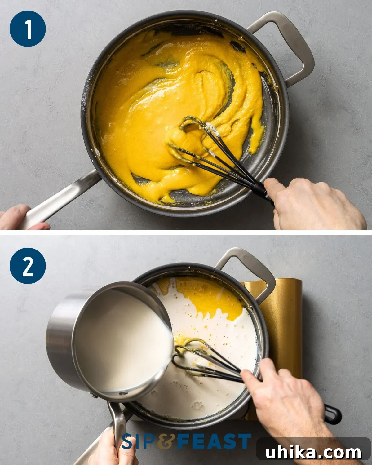 Golden Choux Perfection 9 Pastry cream recipe collage group one showing mixing of egg yolks, sugar, and cornstarch, followed by pouring warm milk into the egg mixture.