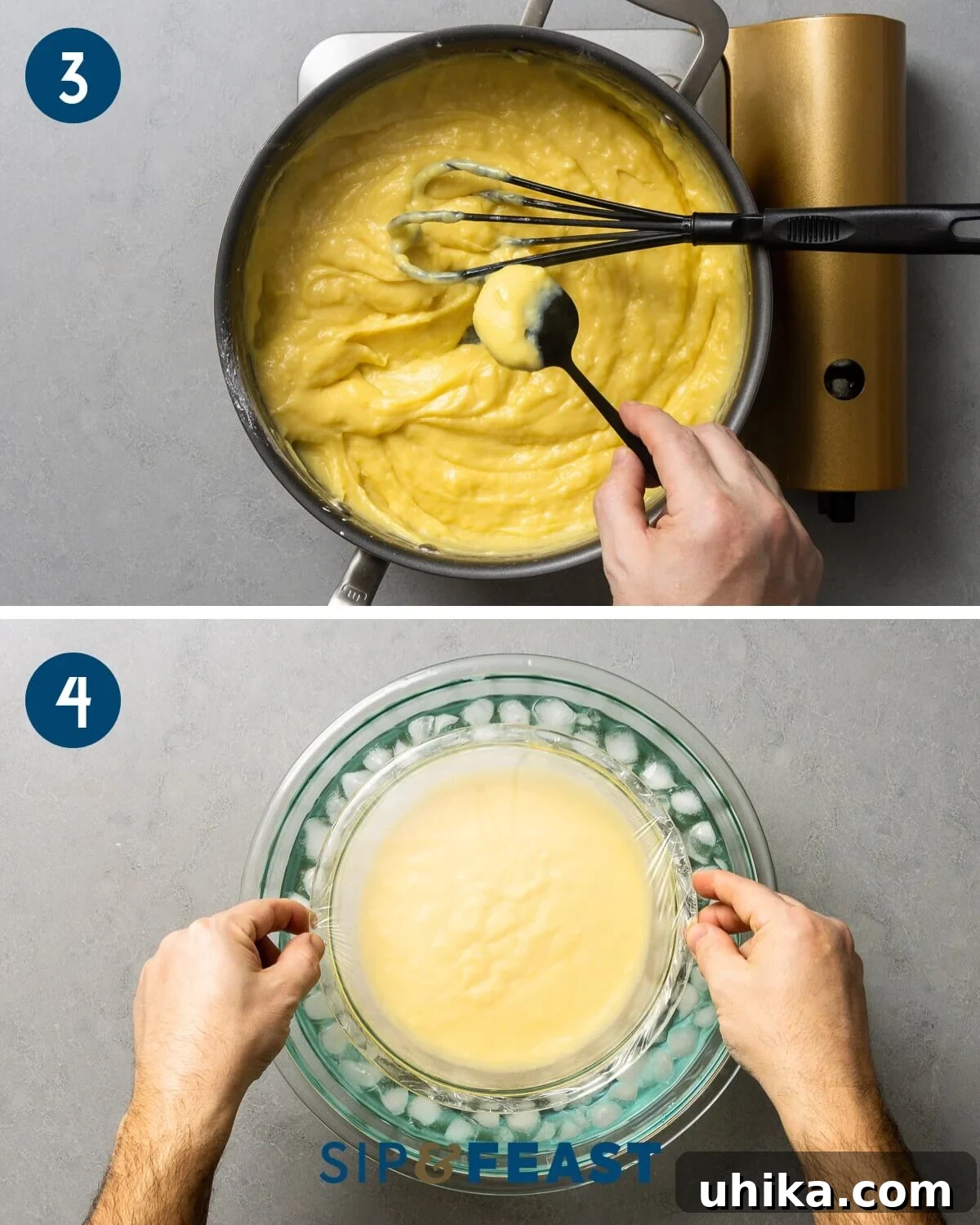 Golden Choux Perfection 10 Recipe collage two showing the thick, glossy pastry cream and placing the bowl into an ice water bath to chill.