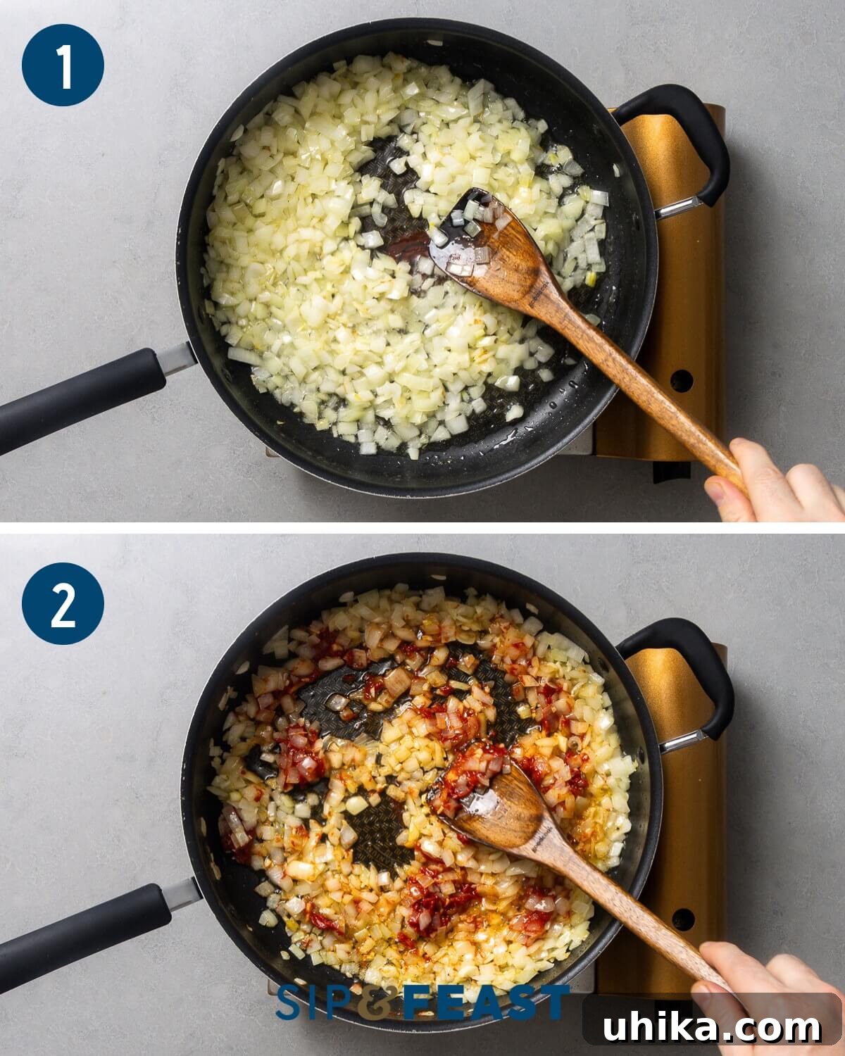 Spanakorizo: Effortless One-Pot Greek Rice 5 Spanakorizo recipe process collage group one showing sauteing of onions and garlic and mixing in the tomato paste, indicating the initial steps of flavor building.