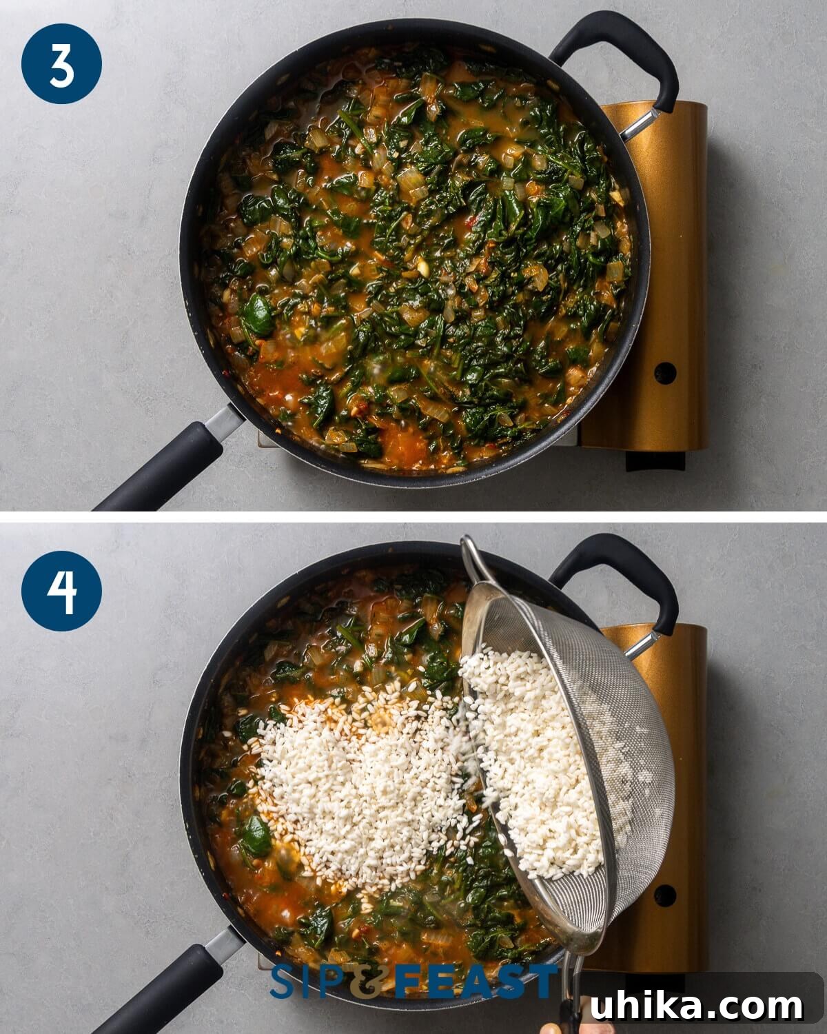 Spanakorizo: Effortless One-Pot Greek Rice 6 Recipe collage two showing bringing spinach and liquid to a simmer and adding in the rice, illustrating the next phase of cooking.