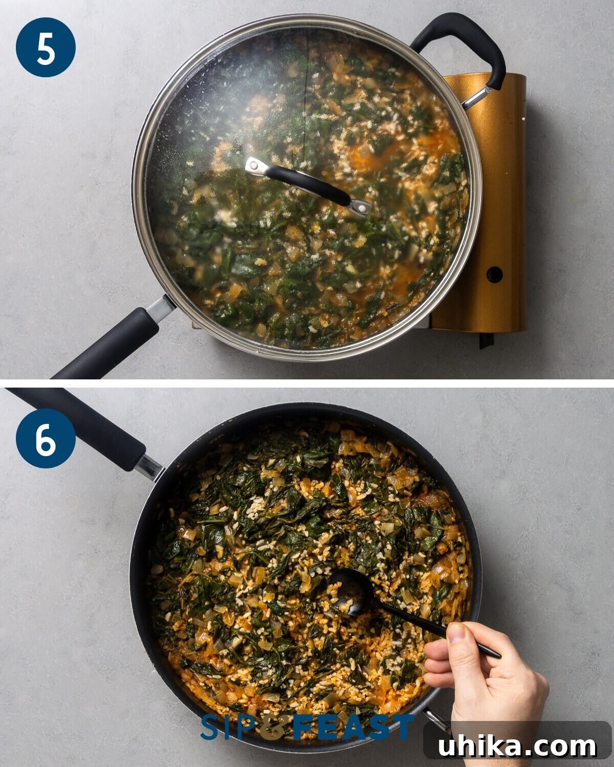 Spanakorizo: Effortless One-Pot Greek Rice 7 Recipe collage three showing covering the pot and doing final taste testing, signifying the completion of cooking.