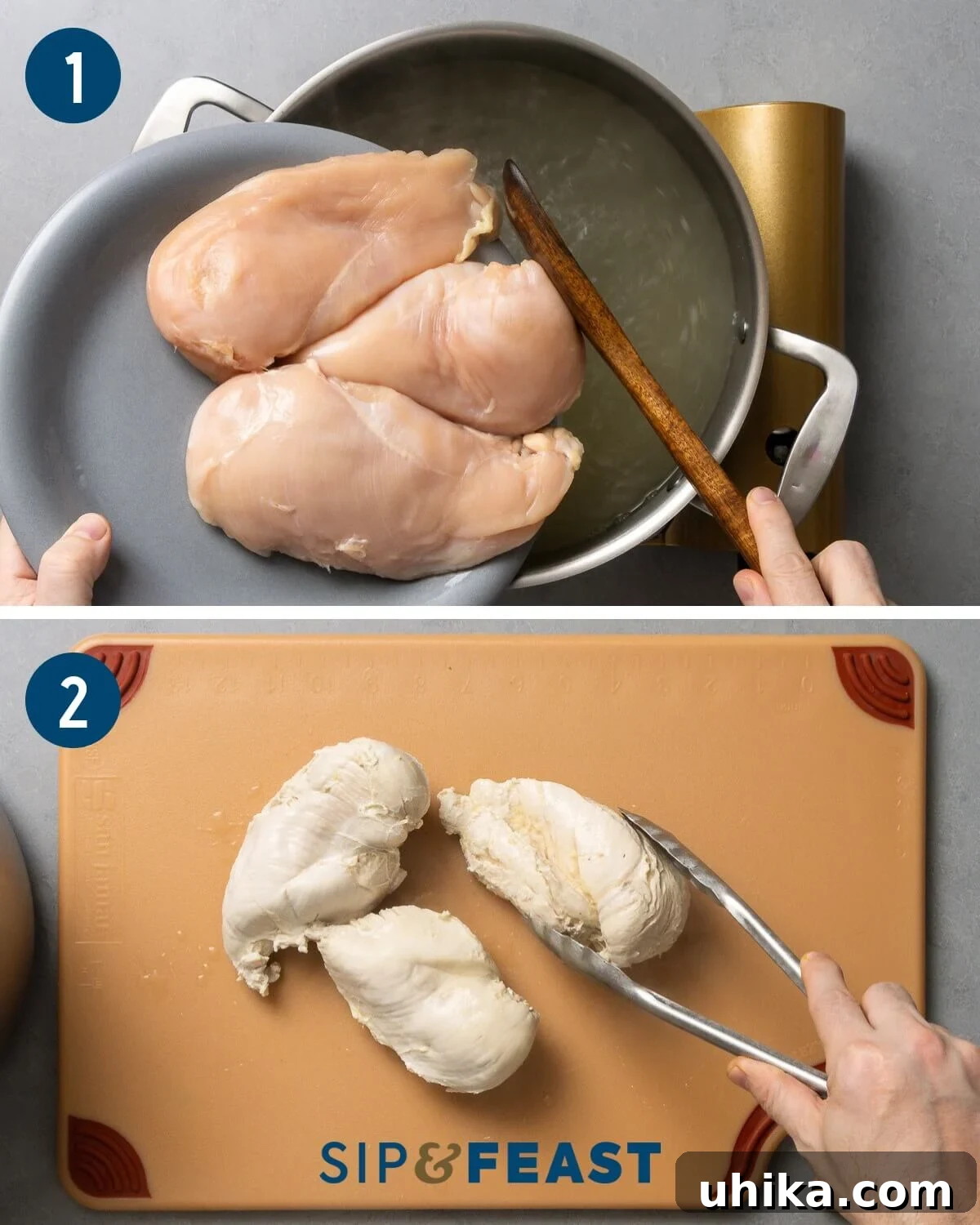 Zesty Honey Mustard Chicken Salad 5 Honey mustard chicken salad recipe process collage group one showing adding chicken breasts to boiling water and placing poached chicken on cutting board.