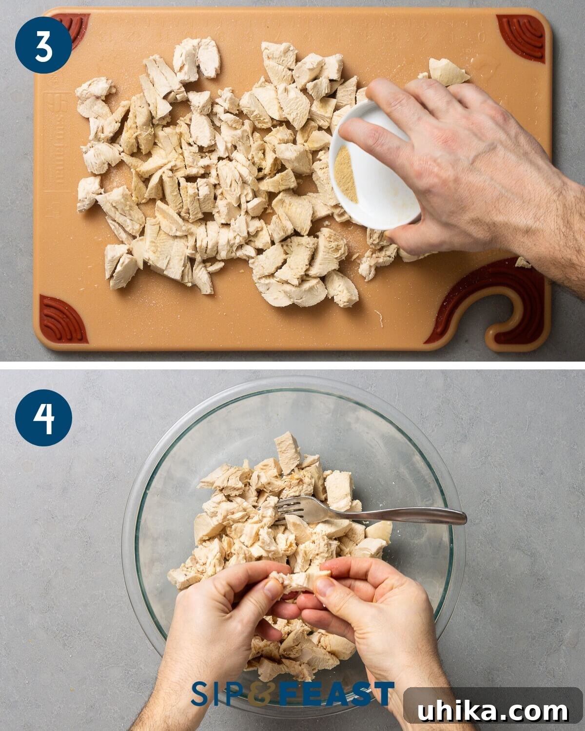 Zesty Honey Mustard Chicken Salad 6 Recipe process two showing seasoning the chicken and breaking up the large chunks of chicken into shredded pieces.