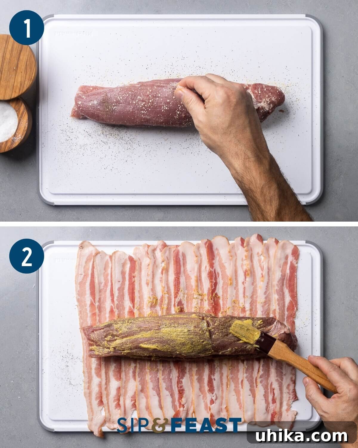 A process shot collage showing the pork tenderloin being seasoned with garlic powder, salt, and pepper, followed by a close-up of Dijon mustard being brushed onto the tenderloin.