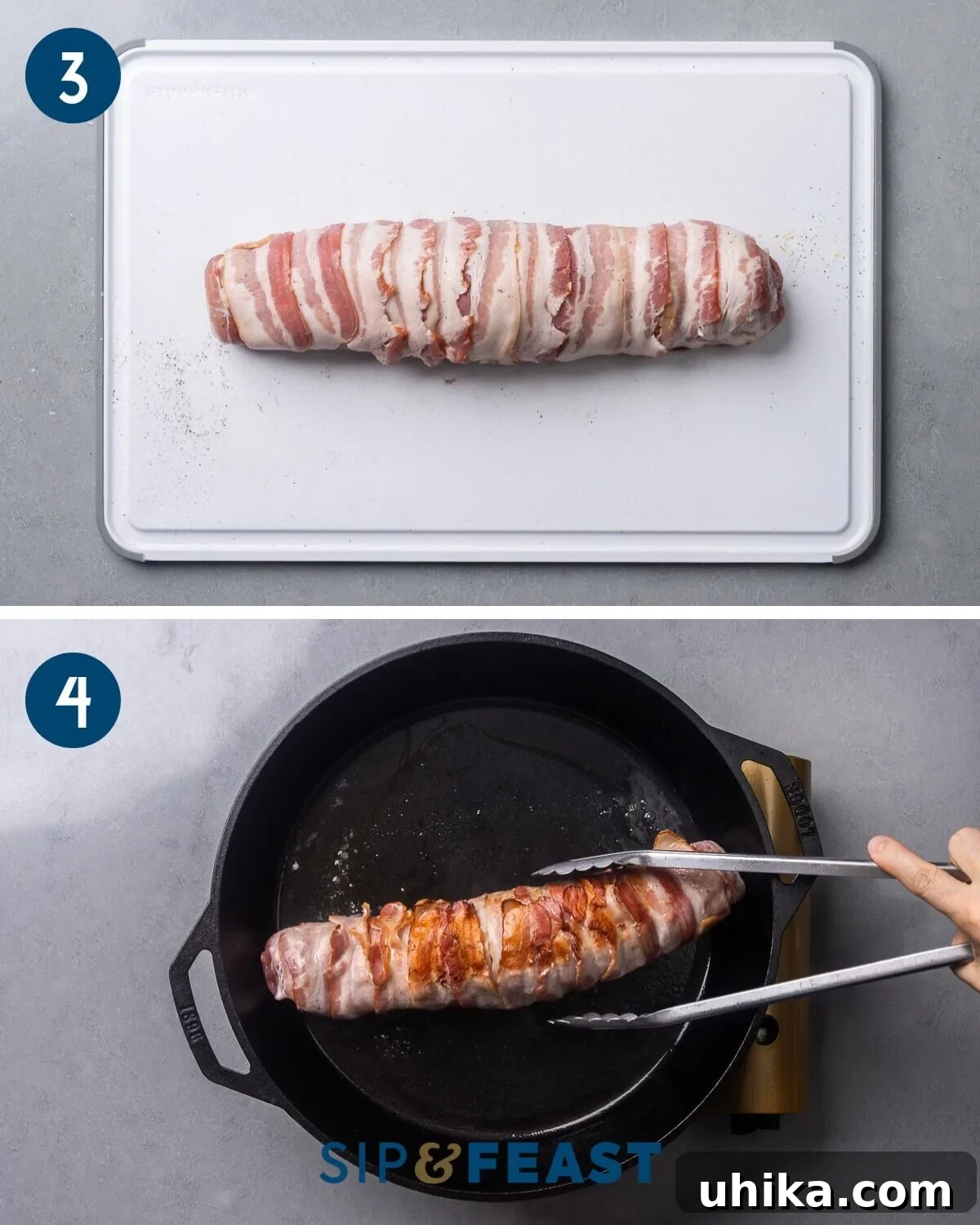 A two-part image collage showing bacon slices being wrapped tightly around the pork tenderloin, followed by the bacon-wrapped pork being seared to a golden brown in a cast iron pan.
