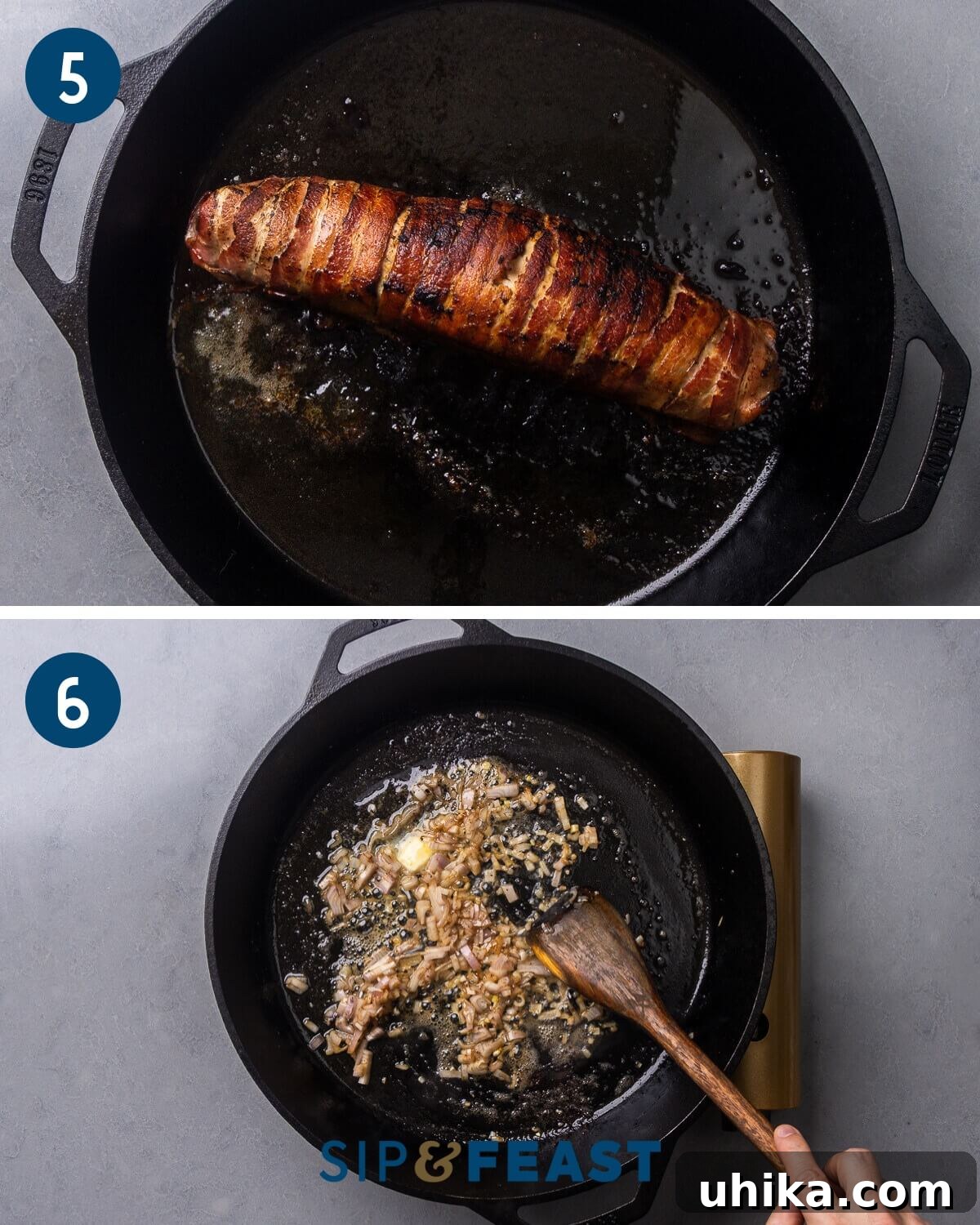 A three-part collage showcasing the beautifully roasted bacon-wrapped pork tenderloin resting, followed by shallots being sautéed in butter in the same pan.