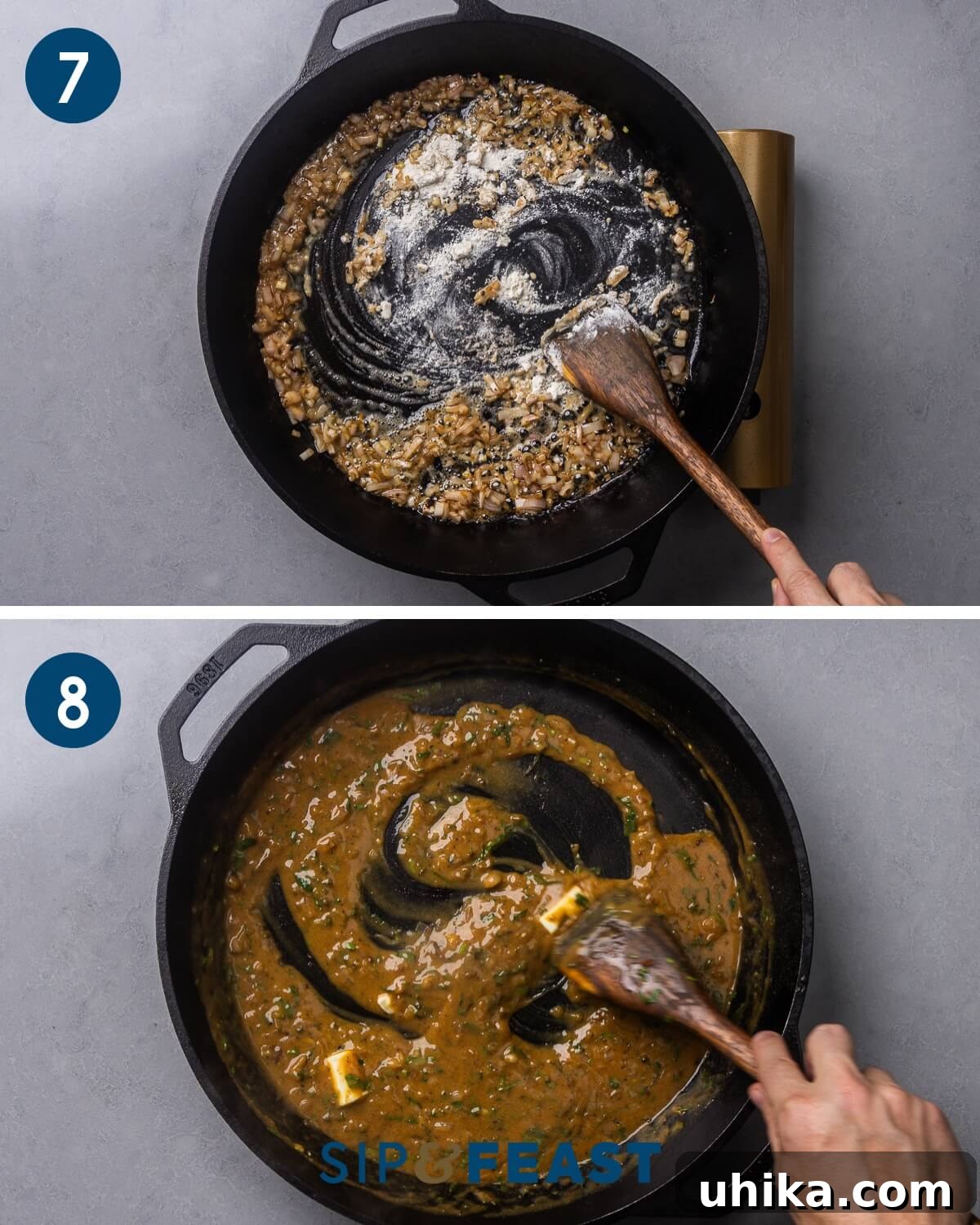 A two-panel collage showing flour being cooked into the pan drippings, followed by cold butter being whisked into the simmering pan sauce.