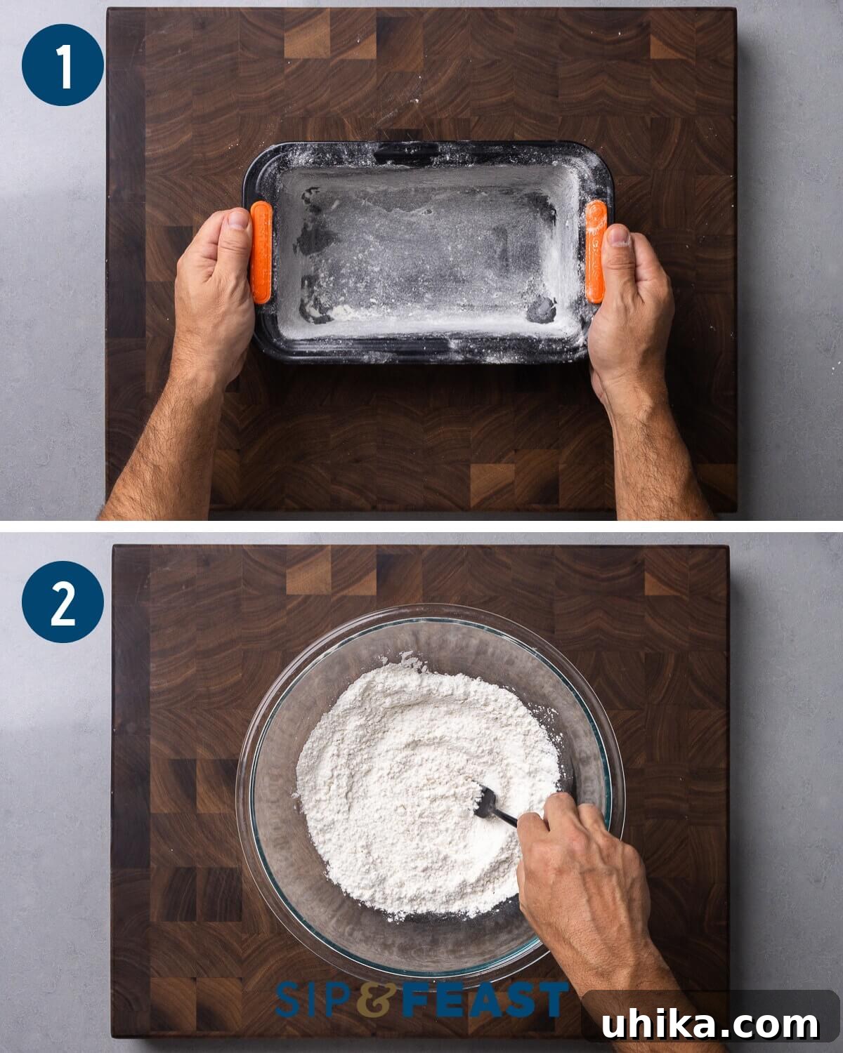 Pound Cake Perfection 5 Pound cake recipe process collage group one showing buttering and flouring the loaf pan and mixing the dry ingredients.