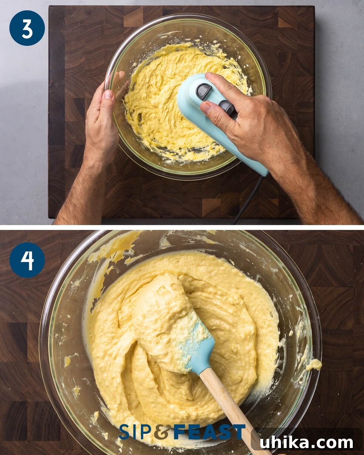 Pound Cake Perfection 6 Recipe collage two showing creaming the butter and mixing the batter.