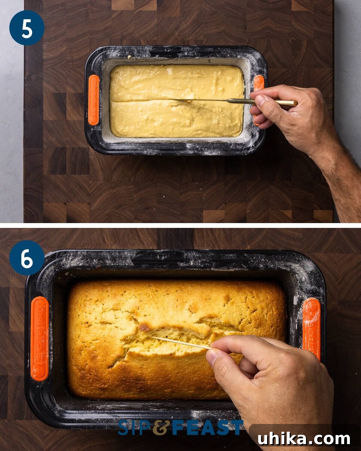 Pound Cake Perfection 7 Recipe collage three showing the poured batter in loaf pan and testing the pound cake with a toothpick for doneness.