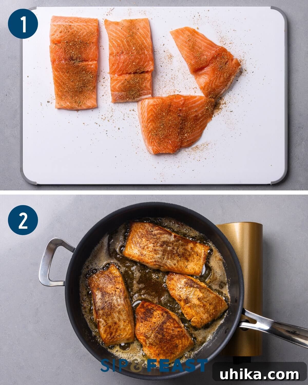 Collage showing seasoning of salmon fillets with Cajun spice and searing them in a large pan.