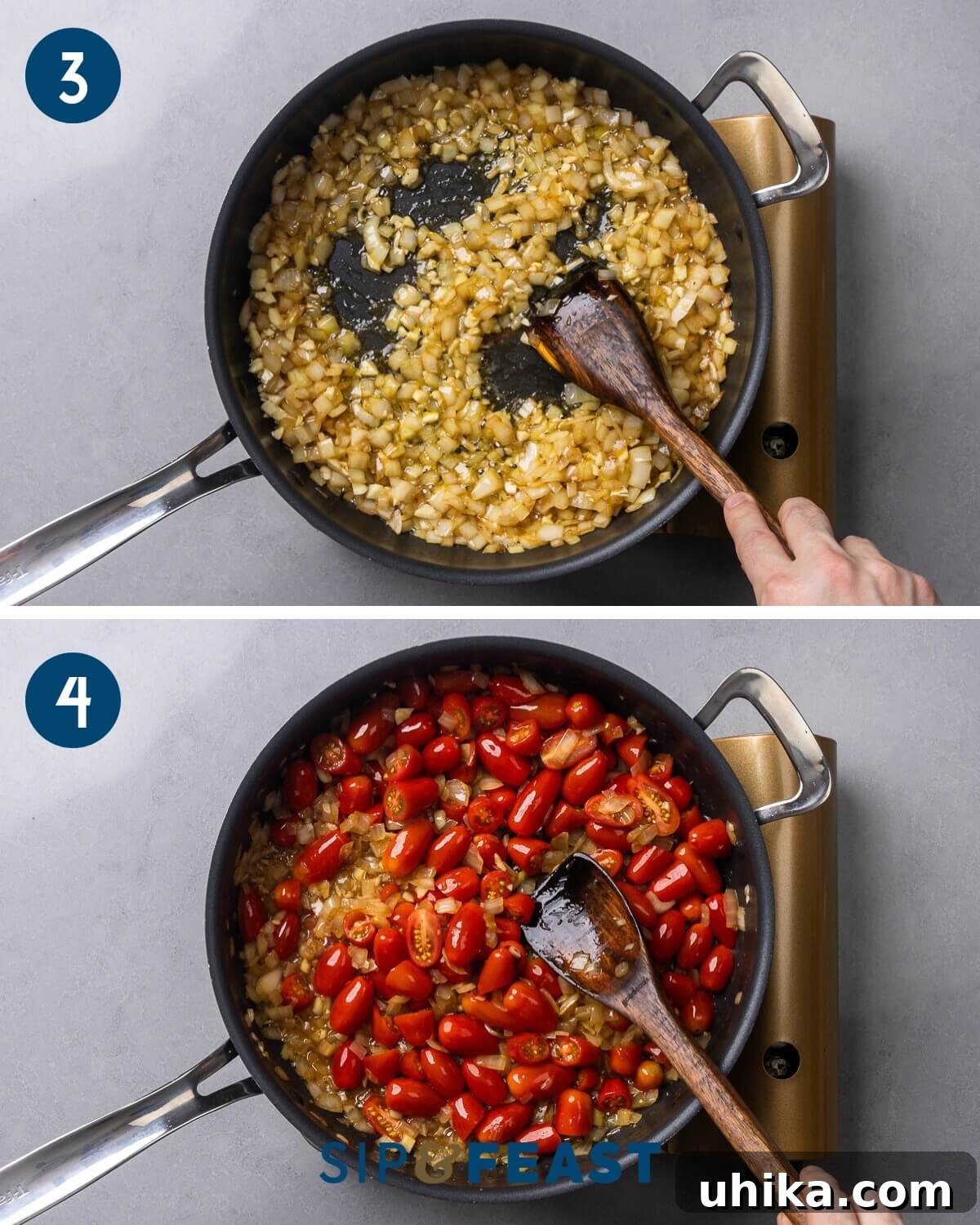 Collage showing sautéing onion and garlic, followed by adding cherry tomatoes to the pan.