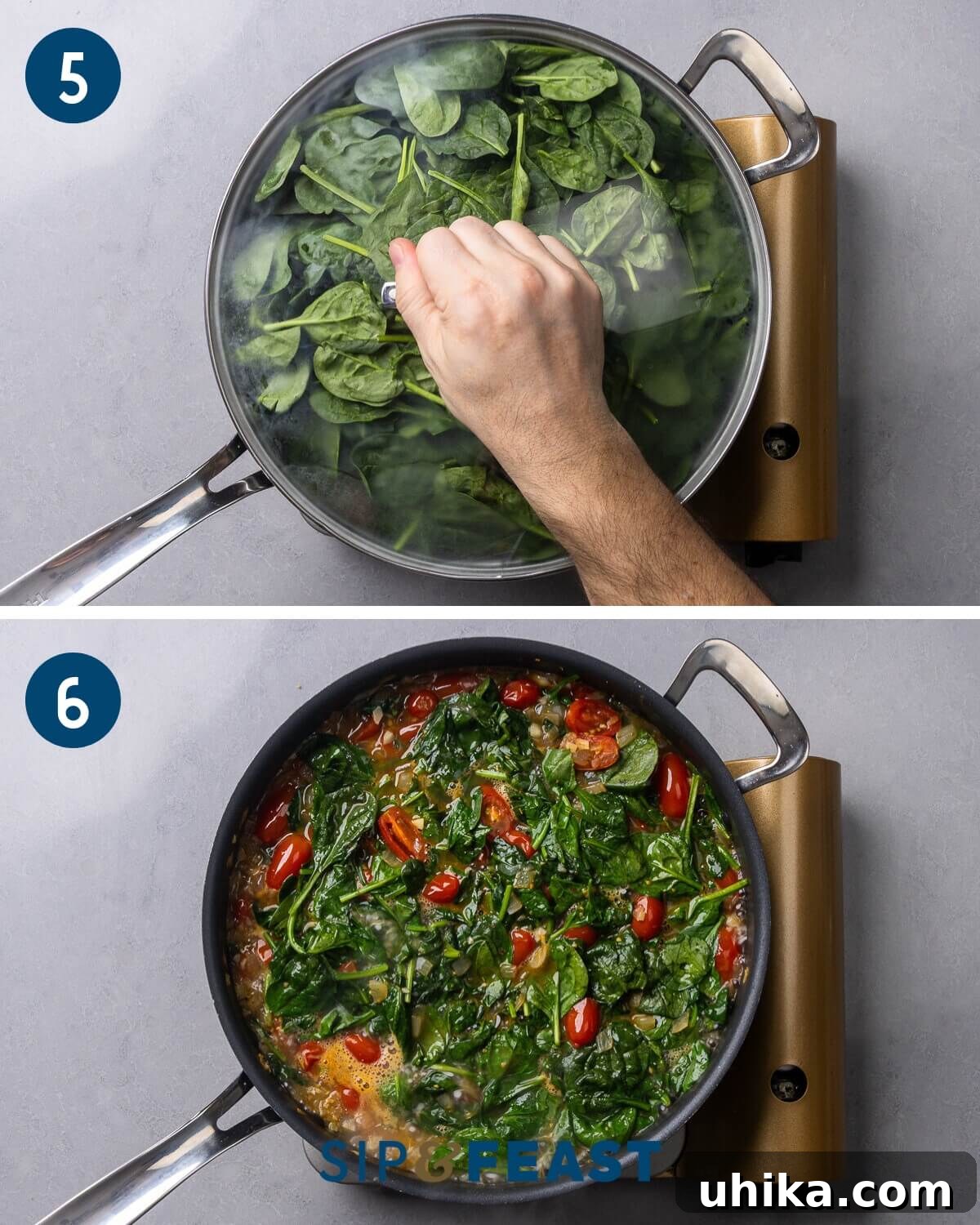 Collage showing the spinach wilting under a lid, then the pot brought to a boil for the orzo.