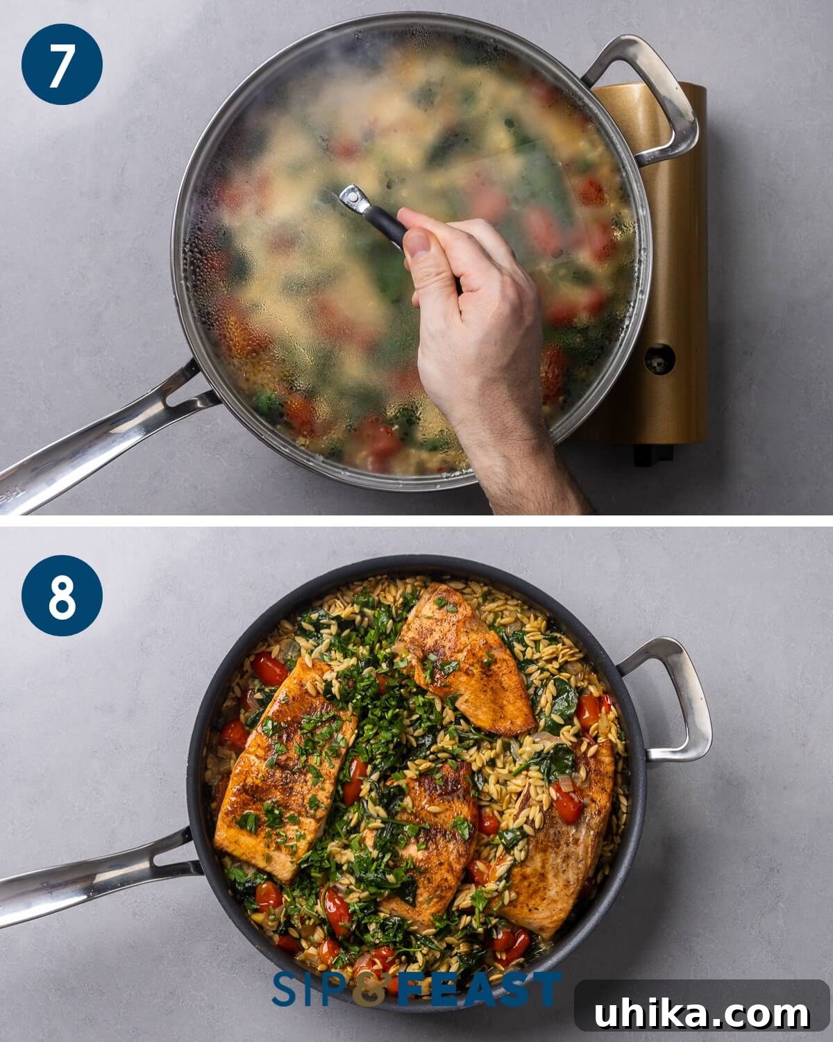 Collage showing the orzo cooking with the lid on, and the final dish with salmon nestled into the cooked orzo.