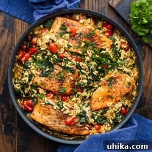 Close-up of One-Pan Salmon and Orzo on a wooden table, showcasing the texture and rich colors.