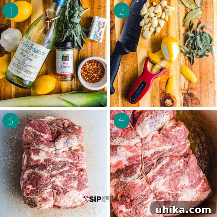 Maiale Al Latte - sipandfeast.com #maialeallatte #dinner #italianrecipe A collage showing the initial steps of preparing Maiale al latte: fresh lemons, garlic cloves, butter, white wine, chili flakes, bay leaves, and sage laid out, followed by the process of peeling lemons and chopping garlic.