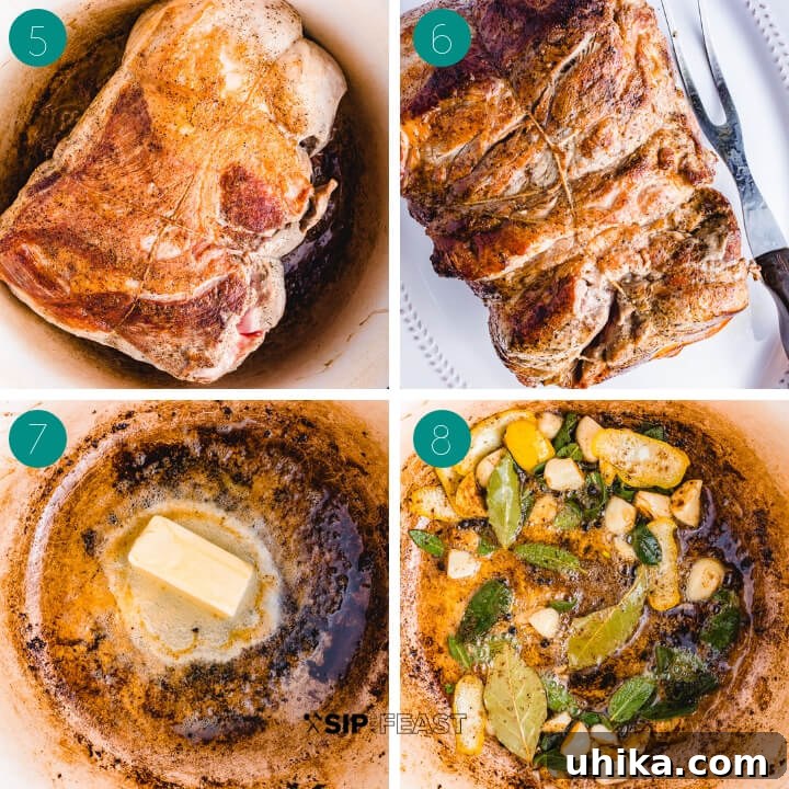 Maiale Al Latte - sipandfeast.com #maialeallatte #dinner #italianrecipe A collage demonstrating the second phase of Maiale al latte preparation: a perfectly seared pork shoulder, followed by the process of adding butter and aromatics to the pot, showing garlic, lemon peel, sage, and chili flakes sautéing.