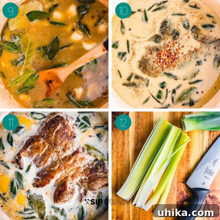 Maiale Al Latte - sipandfeast.com #maialeallatte #dinner #italianrecipe A collage illustrating the third stage of Maiale al latte cooking: white wine being added to the sautéed aromatics, followed by milk, and finally the seared pork shoulder returned to the pot and covered for braising.