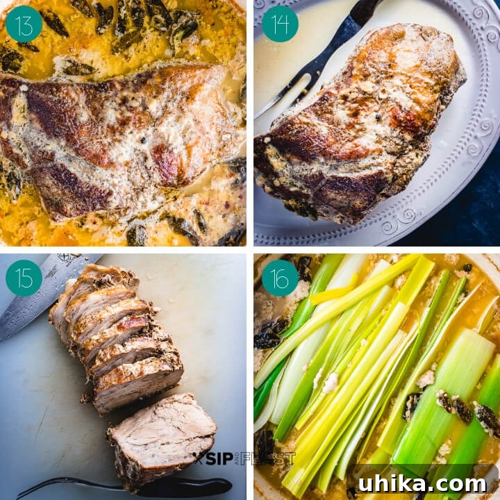 Maiale Al Latte - sipandfeast.com #maialeallatte #dinner #italianrecipe A collage displaying the final cooking stages of Maiale al latte: checking the pork's internal temperature, the perfectly cooked, juicy pork shoulder after resting, and the optional step of cooking leeks in the flavorful milk sauce.