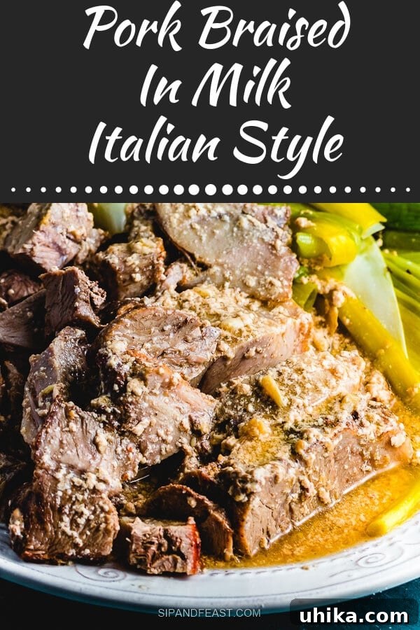 Maiale Al Latte | Pork braised in milk is an amazing Italian dish! So much nutty delicious flavor from slow cooking the pork shoulder in milk. Makes the perfect Sunday dinner idea. #maialeallatte #braisedpork #porkshoulder A beautifully composed Pinterest image for Maiale al latte, showcasing the delicious pork braised in milk, perfect for a Sunday dinner.