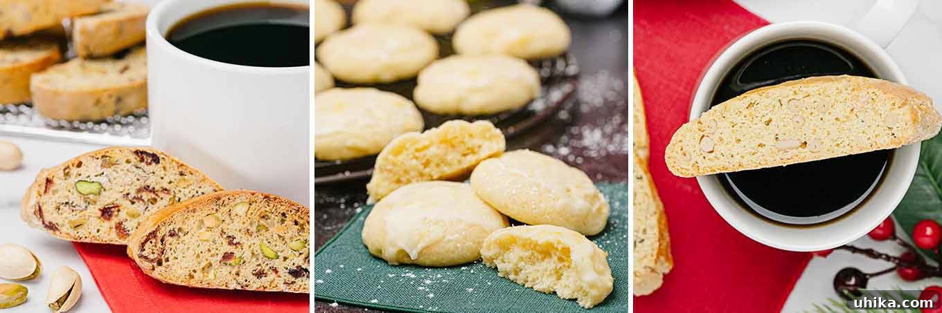 A three-photo collage of classic Italian desserts to serve with the Feast of the Seven Fishes dinner; featuring elegant Cranberry Pistachio Biscotti, charming Italian Ricotta Cookies, and rich Buttery Orange Biscotti.