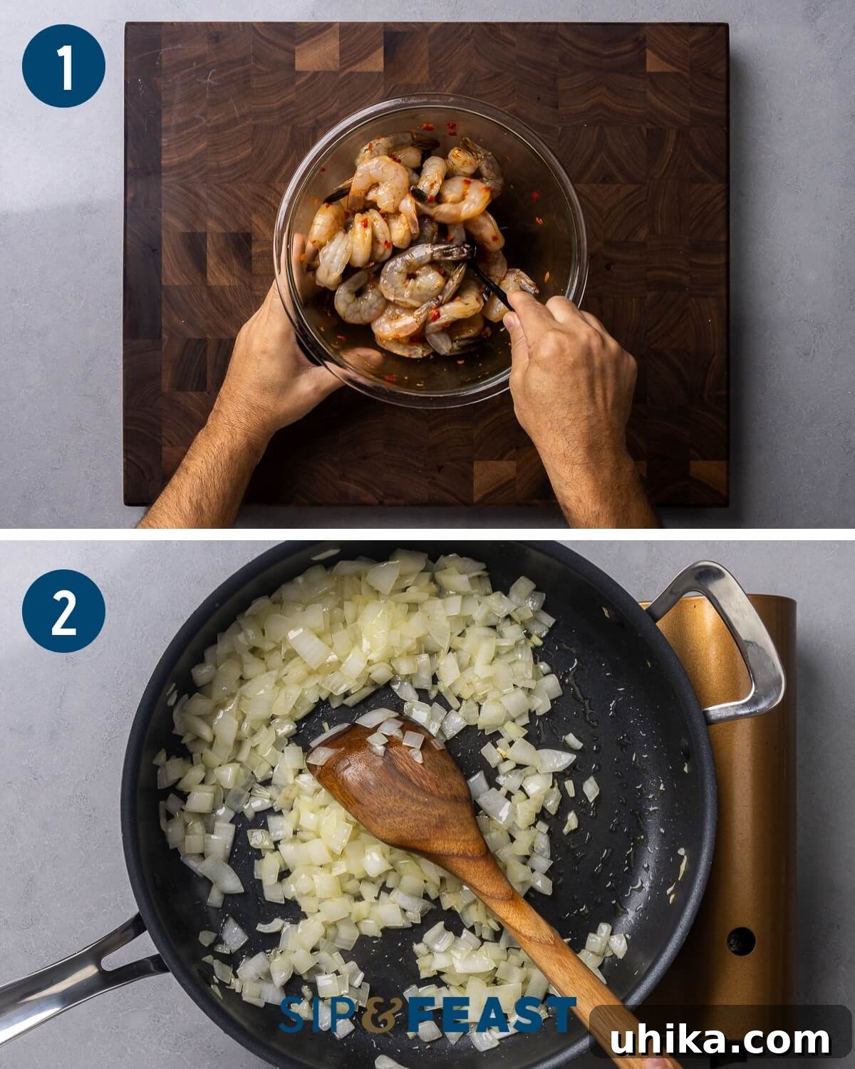 Velvety Roasted Red Pepper Shrimp Pasta 5 Step-by-step collage showing shrimp being brined in a bowl and finely diced onions being sautéed in olive oil in a pan for roasted red pepper pasta.