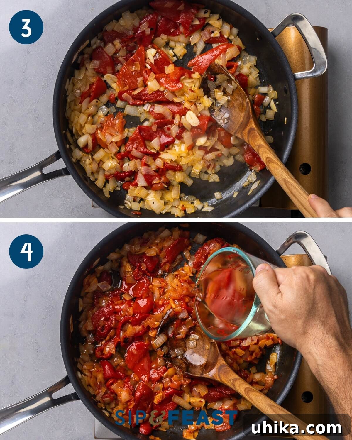 Velvety Roasted Red Pepper Shrimp Pasta 6 Step-by-step collage showing roasted red peppers and garlic sautéing in a pan, followed by the addition of white wine to deglaze for the pasta sauce.