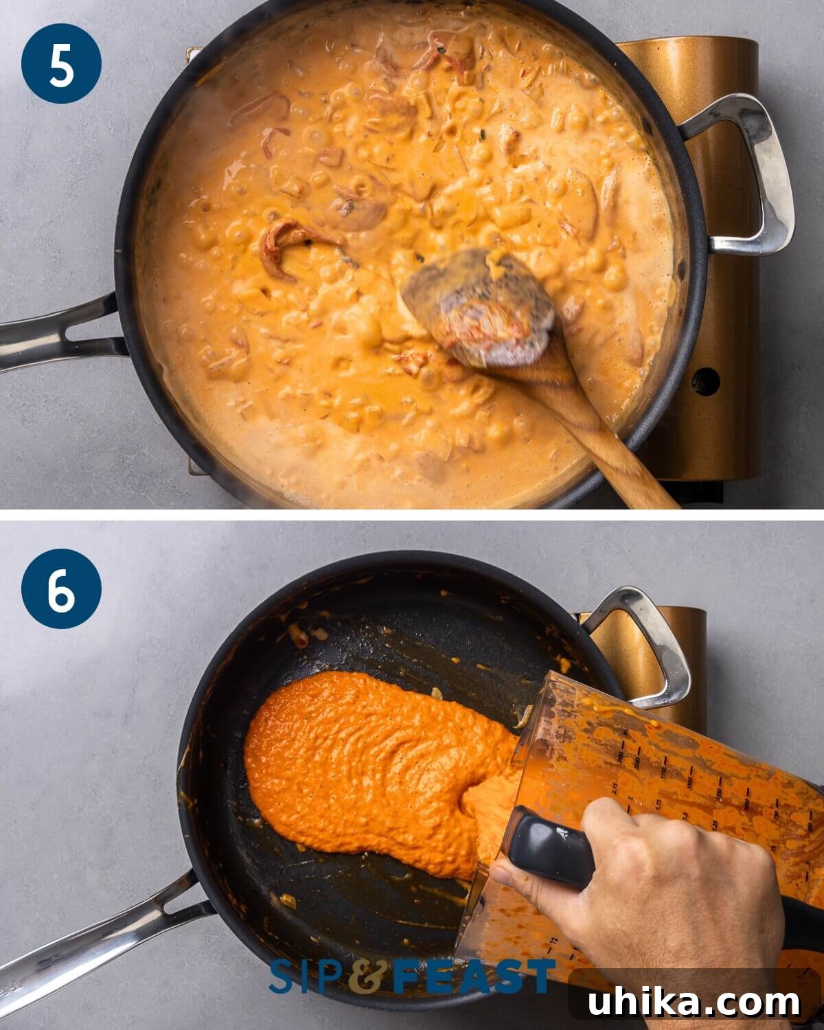 Velvety Roasted Red Pepper Shrimp Pasta 7 Step-by-step collage showing the creamy sauce simmering in a pan and then the silky smooth, blended sauce being poured back into the pan.