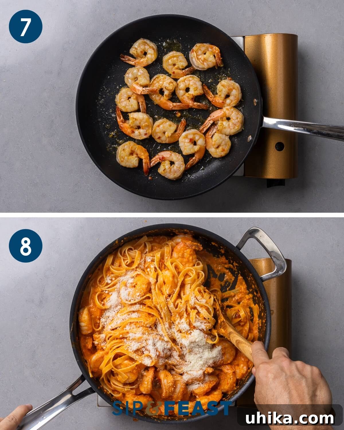 Velvety Roasted Red Pepper Shrimp Pasta 8 Step-by-step collage depicting raw shrimp being sautéed until pink, followed by the combination of almost al dente pasta, cooked shrimp, and grated cheese mixed into the creamy red pepper sauce in a pan.