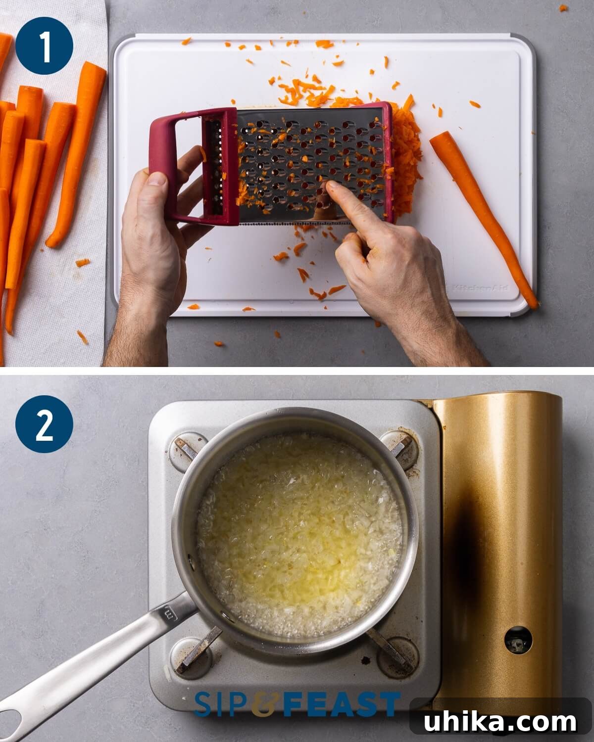 Grandma's Carrot Salad 5 Recipe collage showing grating the carrots with a box grater and making the vinegar sauce for the carrot salad.
