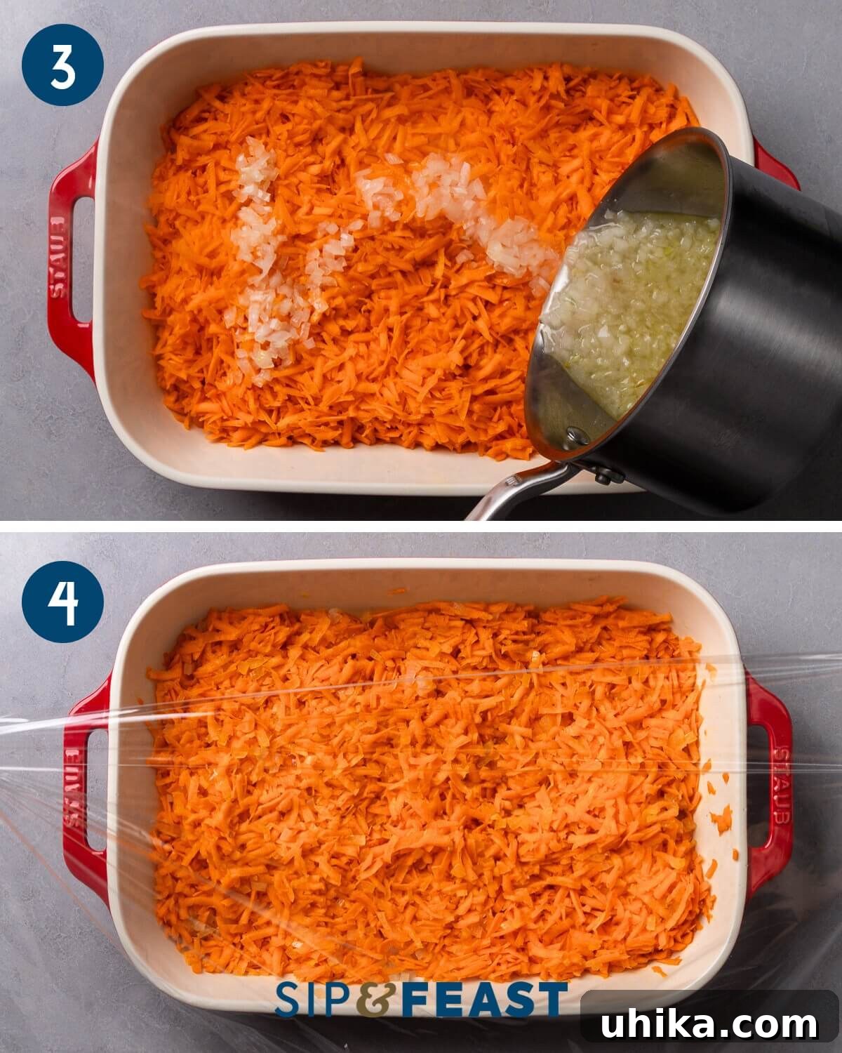 Grandma's Carrot Salad 6 Recipe collage showing pouring the hot brine over the grated carrots and covering them tightly with plastic wrap for marination.