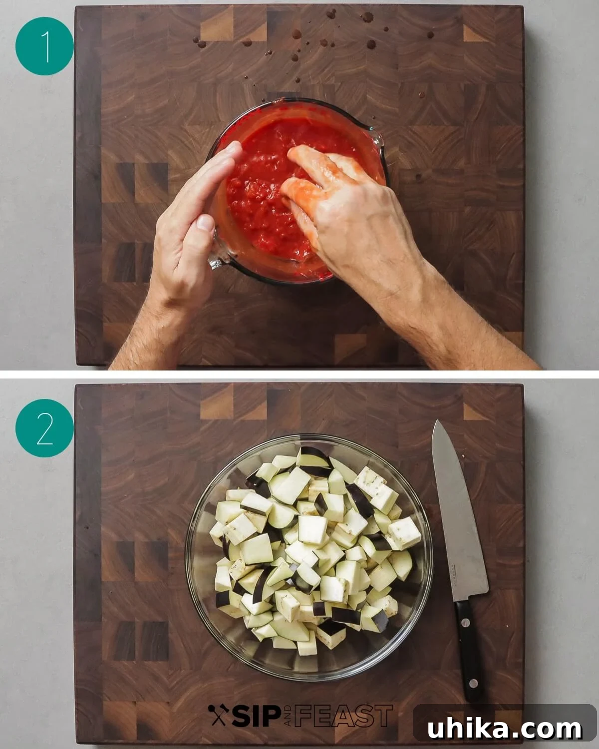 Sicilian Masterpiece Eggplant Pasta 4 A collage showing the first steps of Pasta alla Norma: hand-crushing tomatoes, slicing garlic, and cubing eggplant.