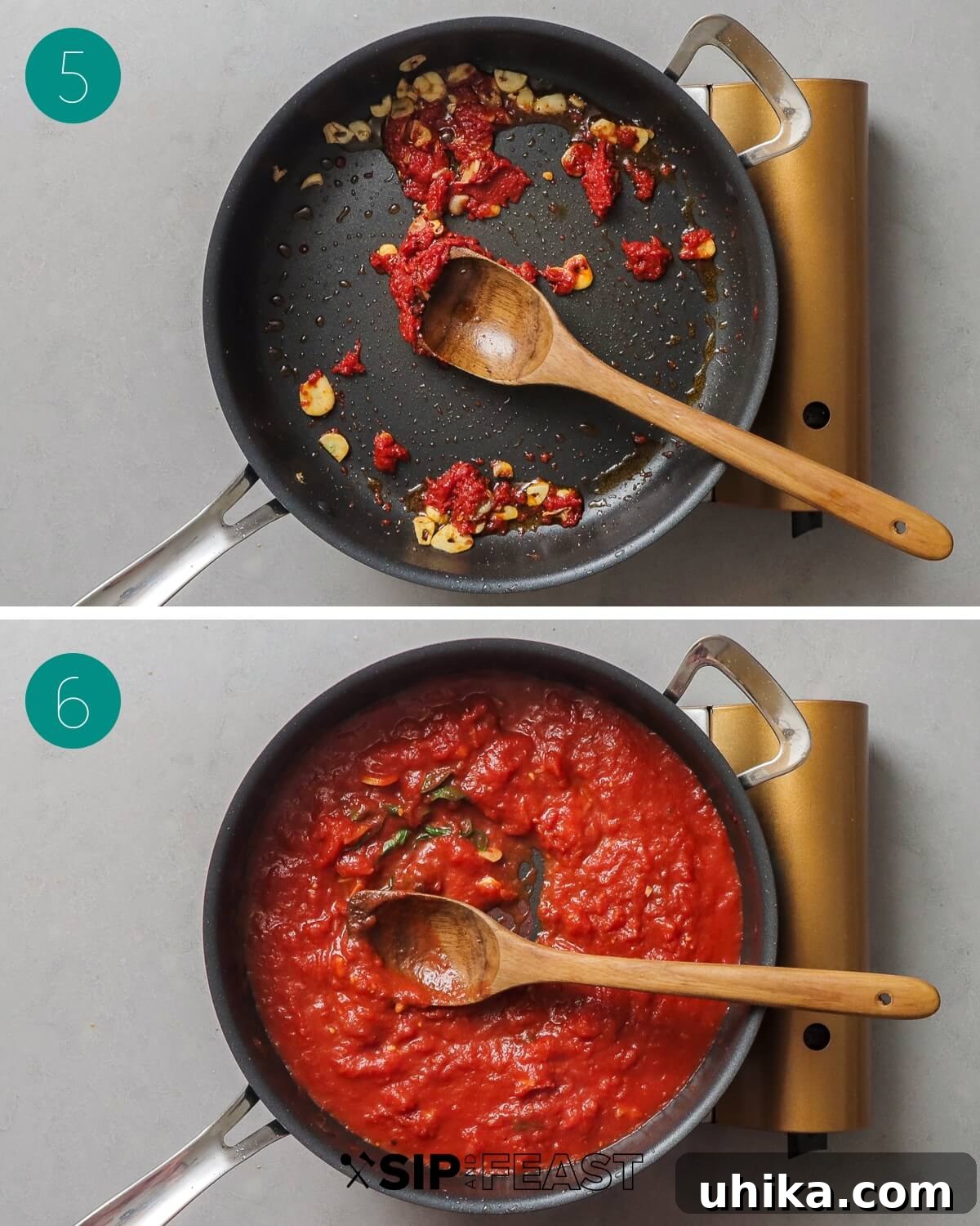 Sicilian Masterpiece Eggplant Pasta 6 A collage showing the sauce preparation: sautéing garlic and anchovies, adding red pepper flakes and tomato paste.