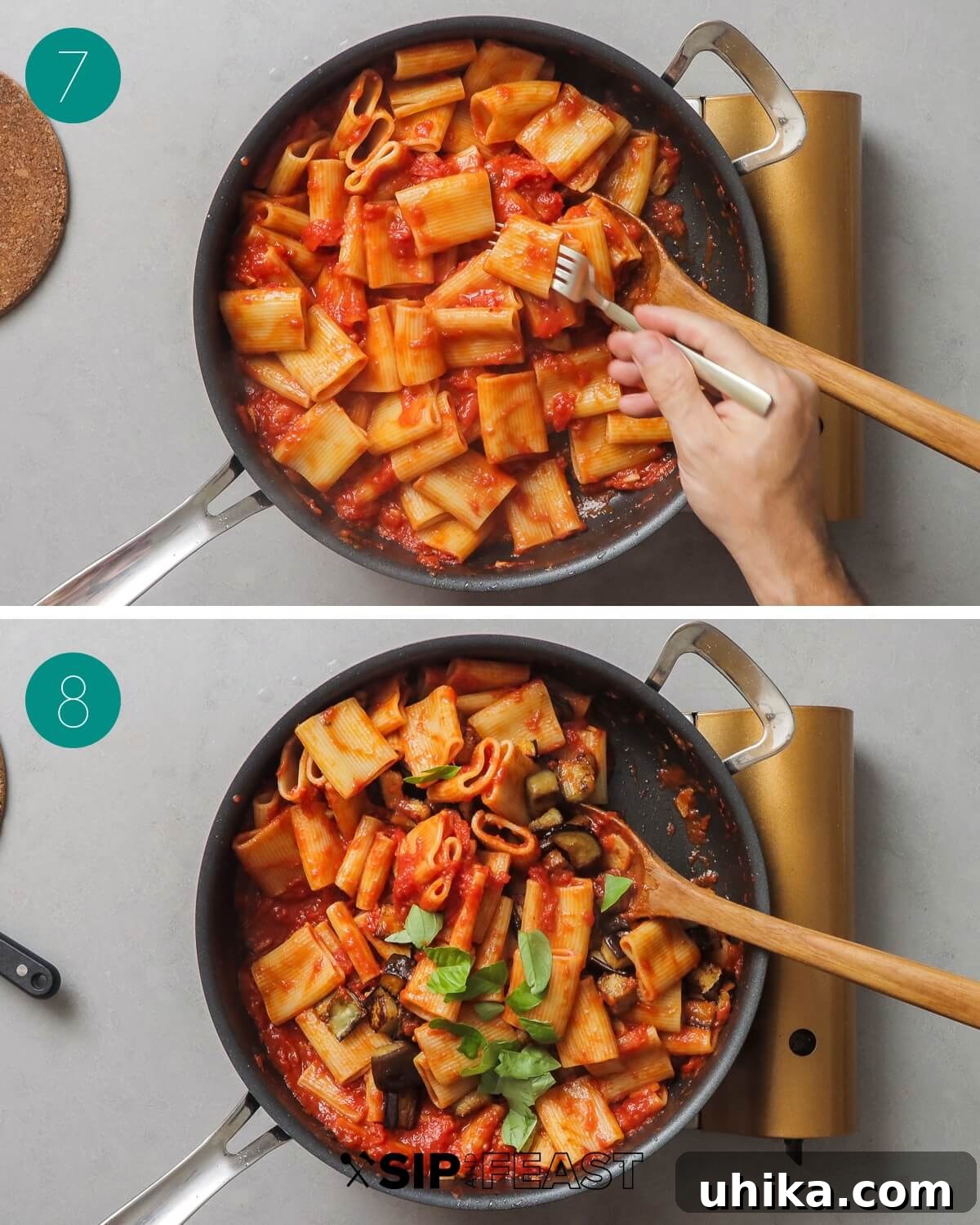 Sicilian Masterpiece Eggplant Pasta 7 A collage showing the final steps: adding pasta to sauce, then incorporating fried eggplant and fresh basil.
