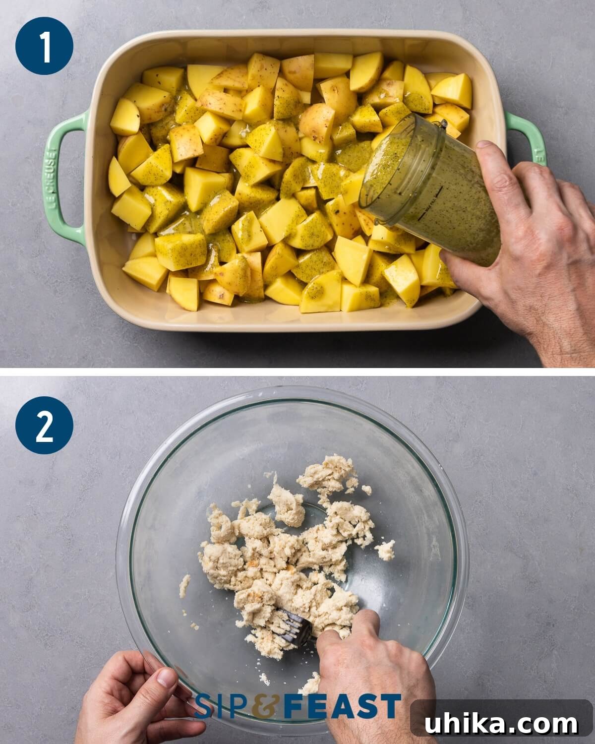Mediterranean Sheet Pan Meatballs with Roasted Potatoes 5 Process collage showing the initial steps of making Greek meatballs and potatoes: pouringladolemono sauce over chopped potatoes, and preparing the bread panade in a bowl.