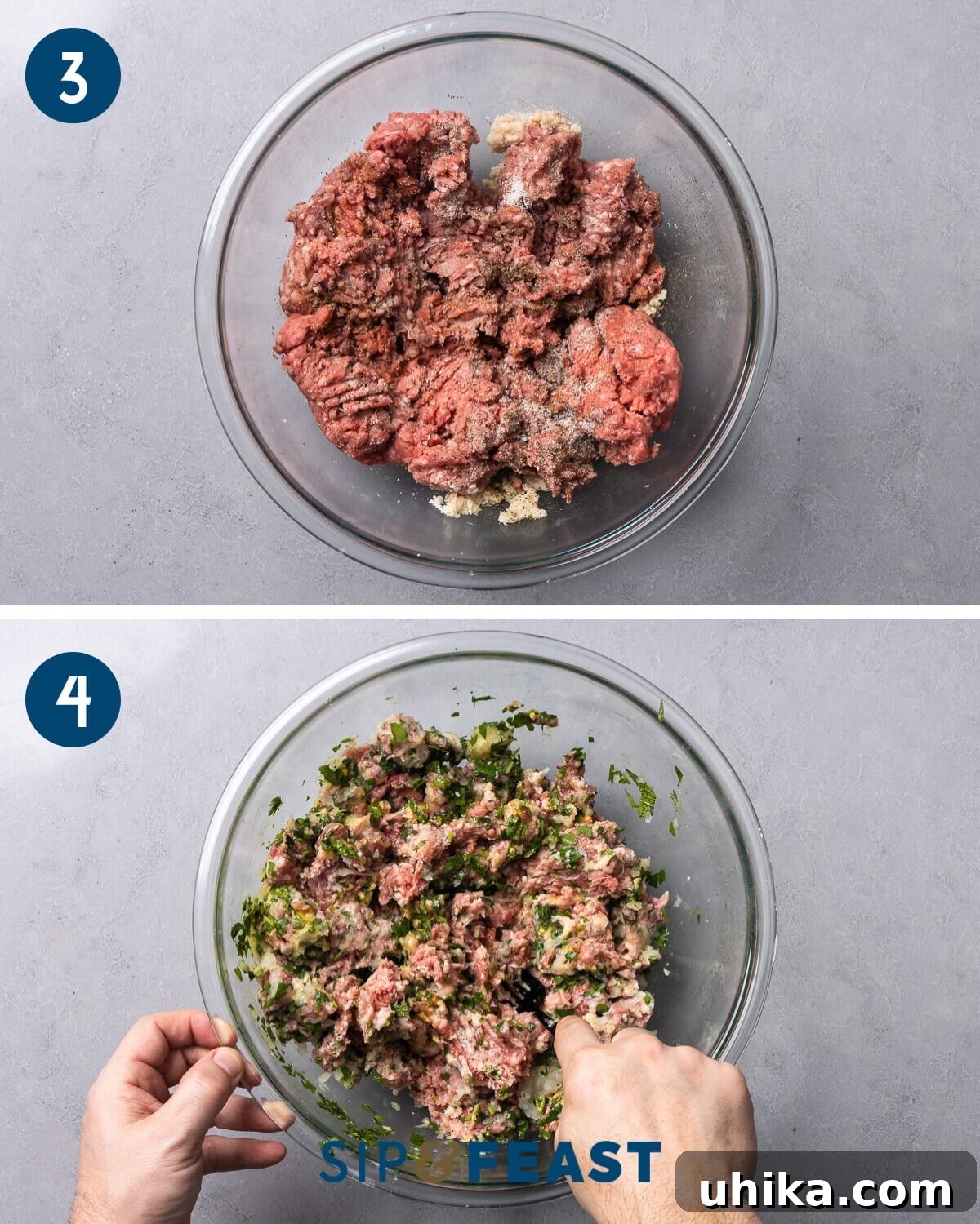Mediterranean Sheet Pan Meatballs with Roasted Potatoes 6 Recipe collage showing the process of seasoning ground beef and lamb in a bowl, followed by combining the remaining meatball ingredients for the Greek Meatballs and Potatoes.