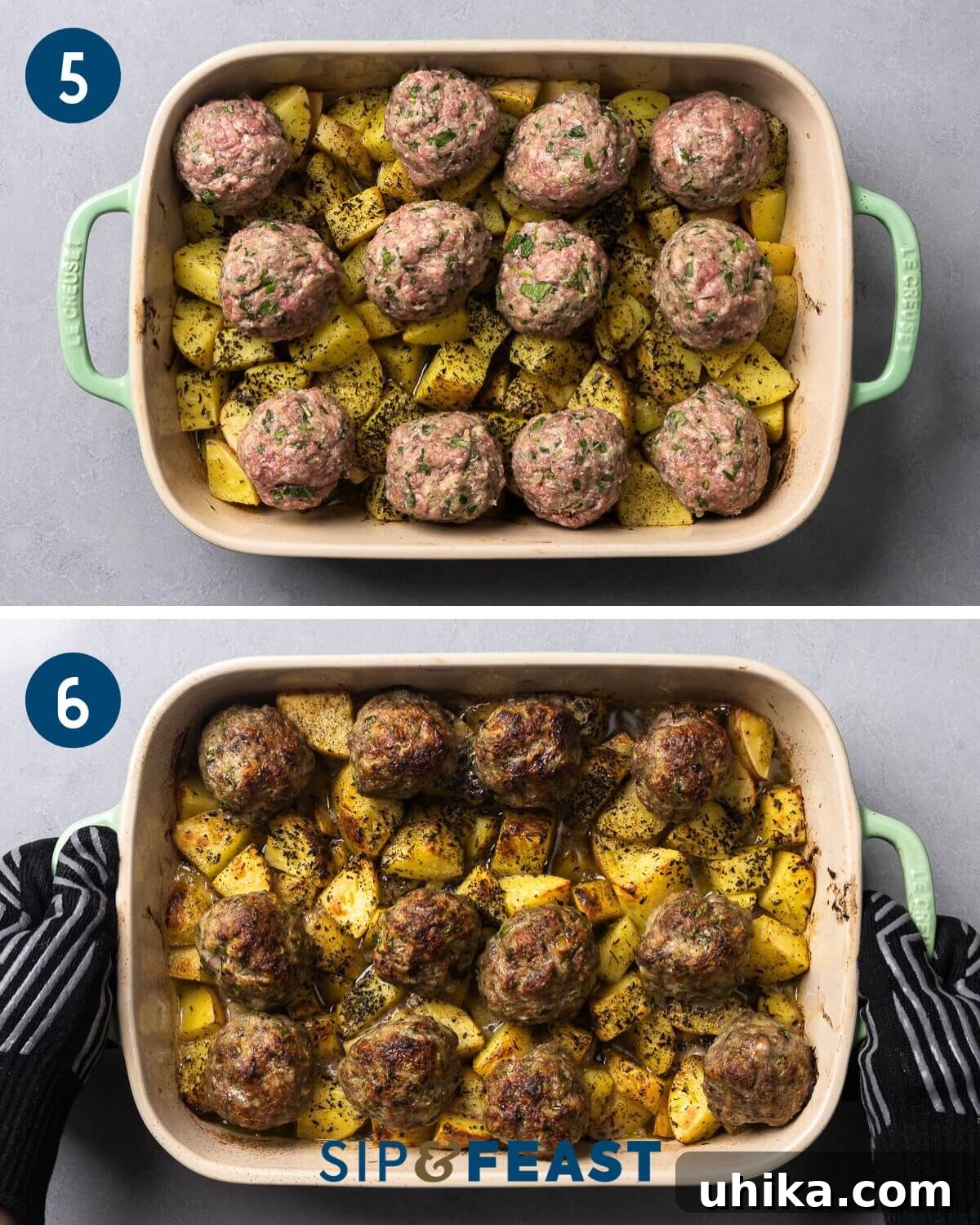 Mediterranean Sheet Pan Meatballs with Roasted Potatoes 7 Recipe collage showing the raw Greek meatballs being placed over par-cooked potatoes in a baking dish, and the final beautifully baked dish ready to serve.