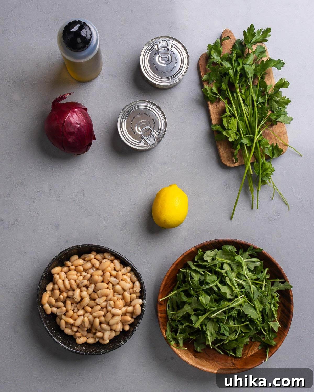 Tuscan Tuna and Cannellini Salad 4 A collection of fresh ingredients for Italian Tuna and White Bean Salad: olive oil, red onion, canned tuna, fresh parsley, white beans, lemon, and baby arugula.