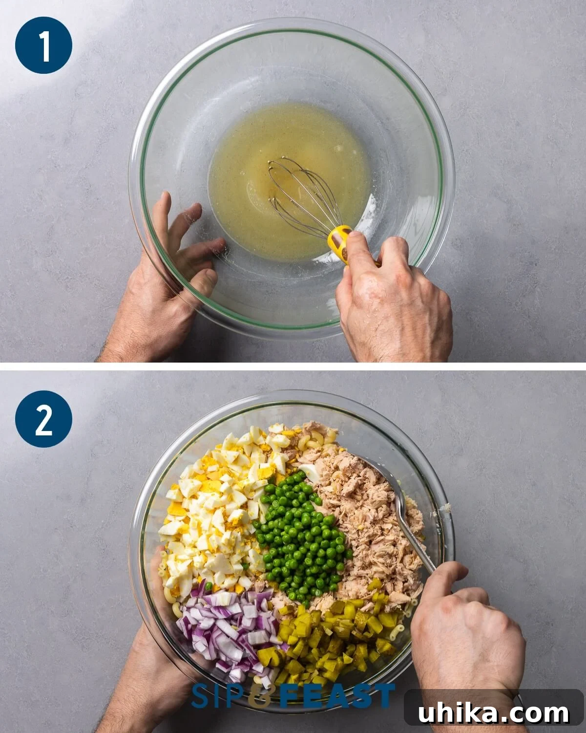 Creamy Tuna Macaroni Sensation 5 Tuna macaroni salad recipe process collage showing mixing of brine in a large bowl and then combining all ingredients in the same bowl.