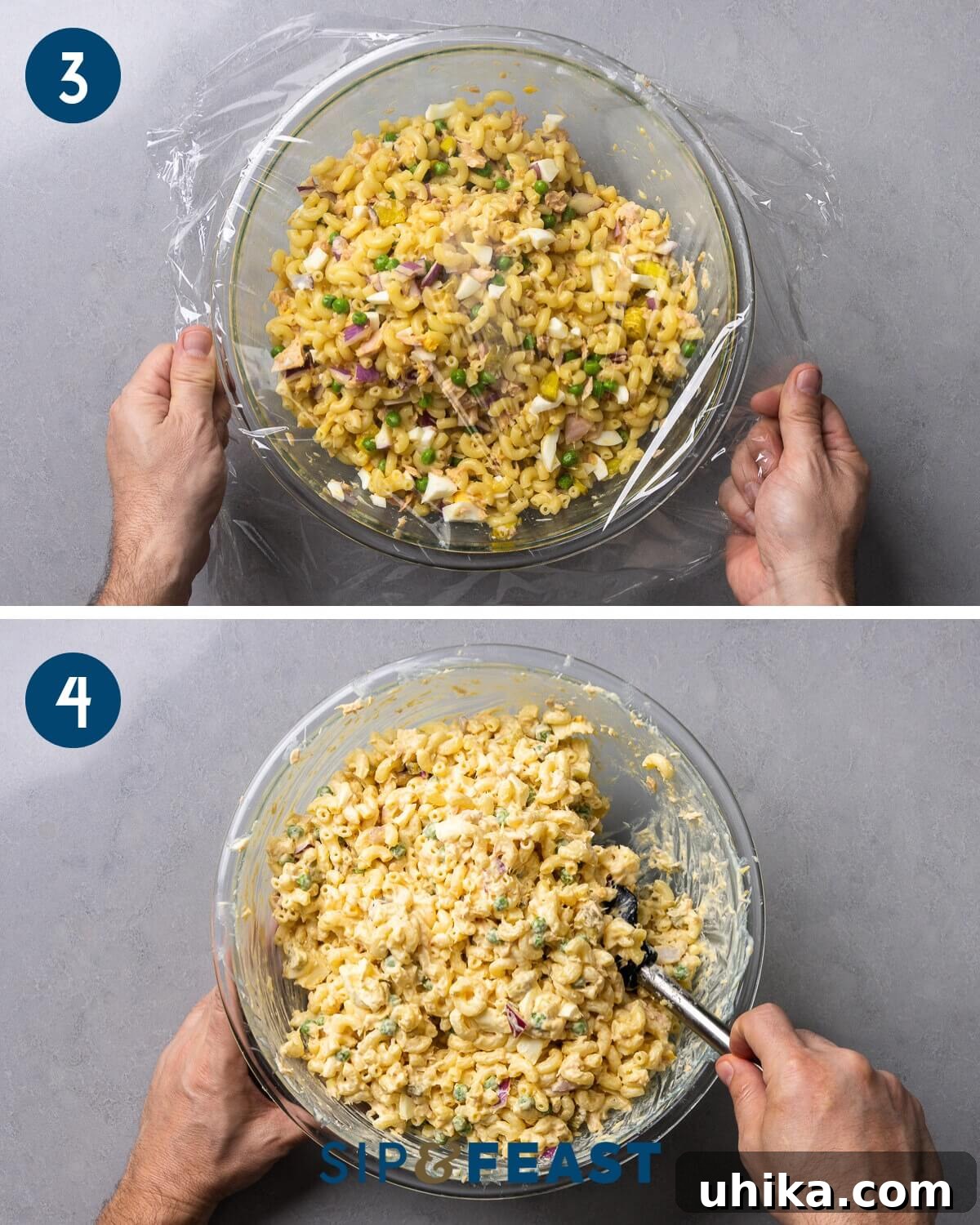 Creamy Tuna Macaroni Sensation 6 Recipe collage two showing covering the salad with plastic wrap for brining and then mixing the salad with mayonnaise before serving.