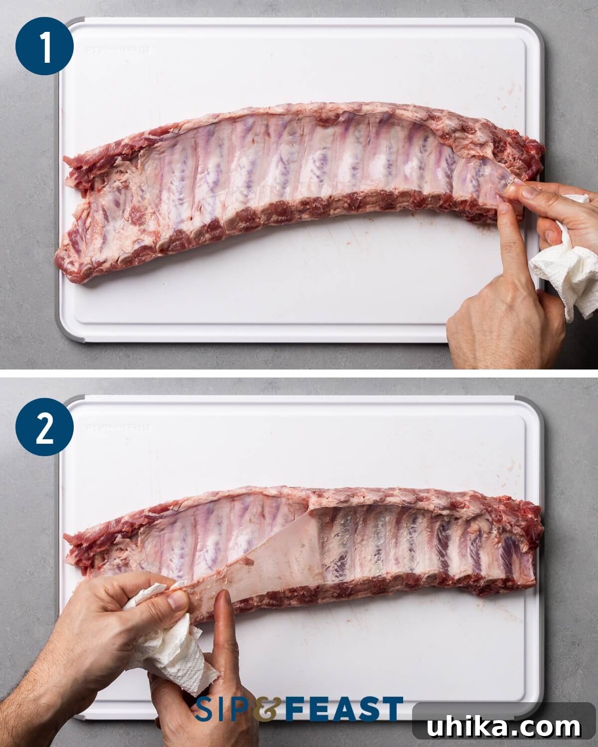 Succulent Oven Ribs with Scratch-Made BBQ 5 Oven barbecue ribs recipe process shot collage group one showing how to remove the membrane from the back of the ribs.
