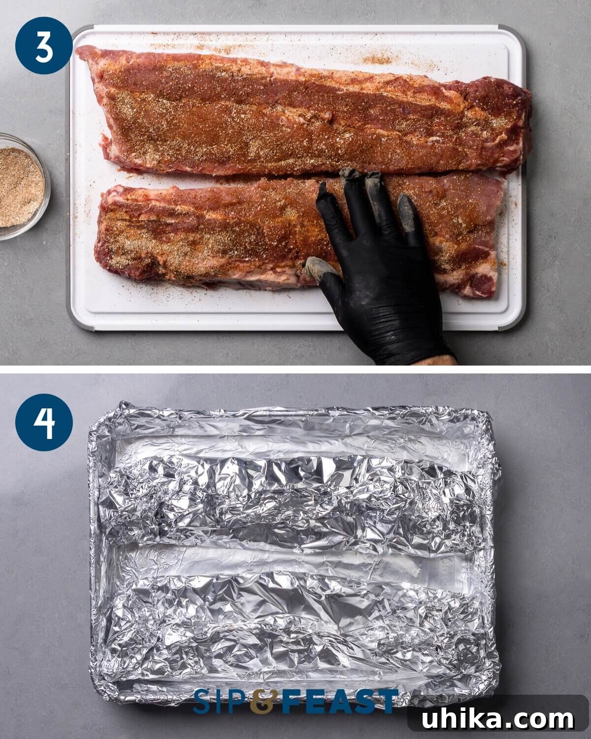Succulent Oven Ribs with Scratch-Made BBQ 6 Recipe process collage two showing rubbing the spice rub onto ribs and wrapping the ribs in foil for baking, preparing them for slow cooking.